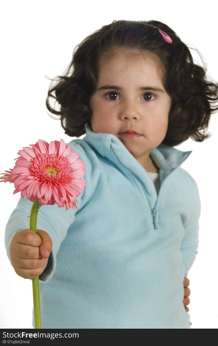 Cute little girl with flower isolated on white background