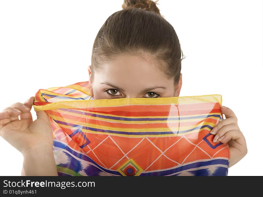 Young girl closes the face cloth. Young girl closes the face cloth