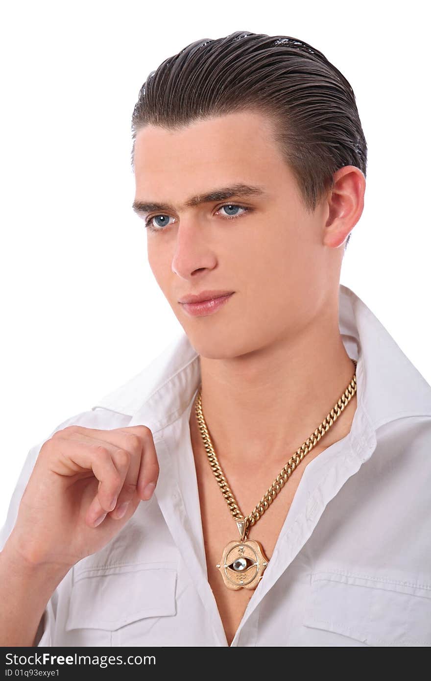 Young student in white shirt and golden chain. Young student in white shirt and golden chain