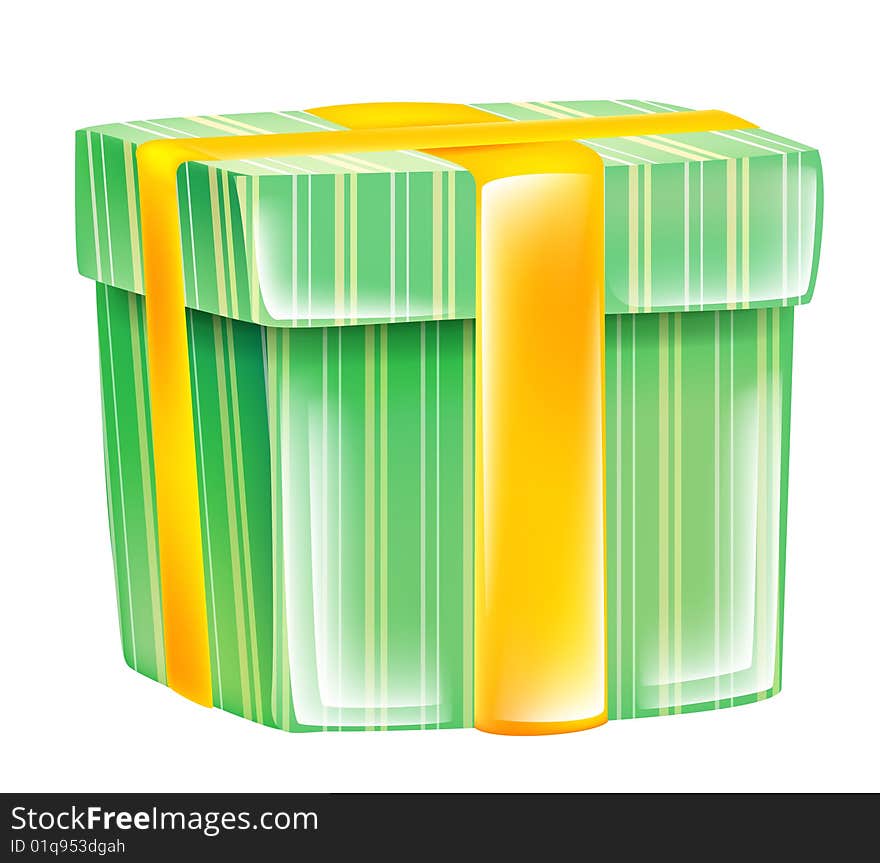 Green gift box with color lines and yellow ribbon isolate on the white background