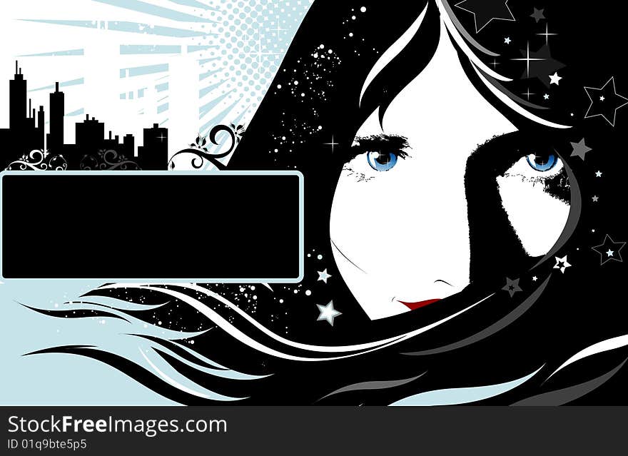 Background with place for the text with girl's face and stars