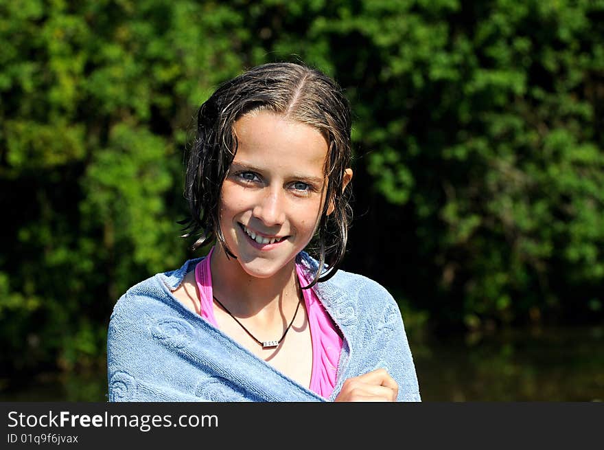 Girl smiling after a swim