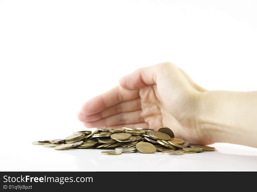 Increase your savings-Hand holding coins against white background