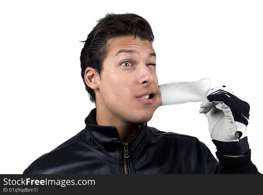 Young Italian man wears leather jacket and glasses. Young Italian man wears leather jacket and glasses