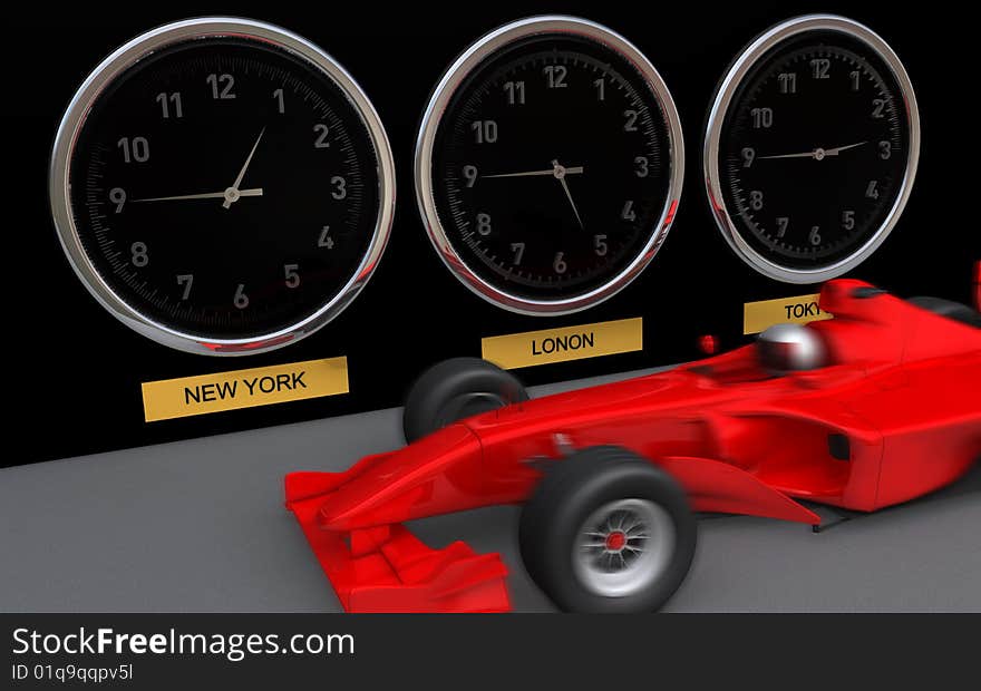 Clocks showing 3 global cities times next to fast F1 car