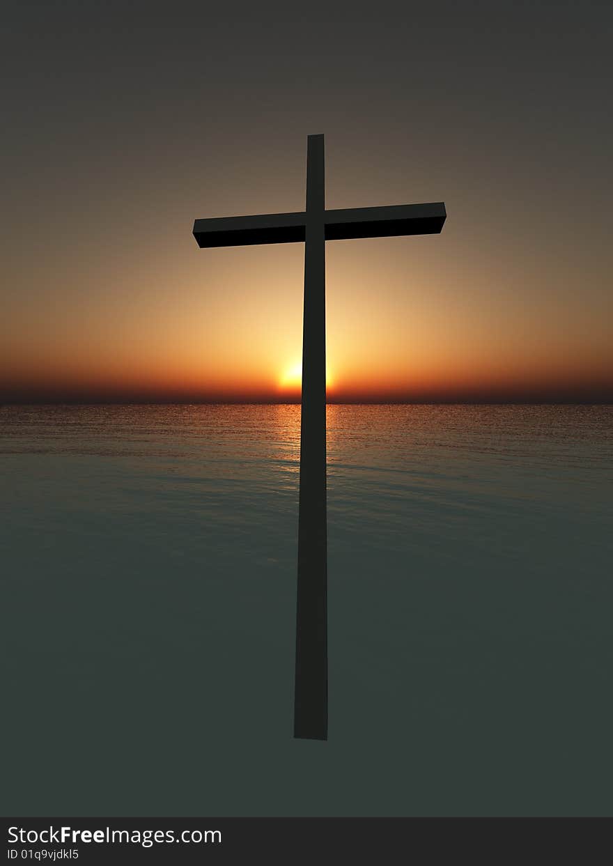 Religious concept image of a floating cross over the sea. Religious concept image of a floating cross over the sea.