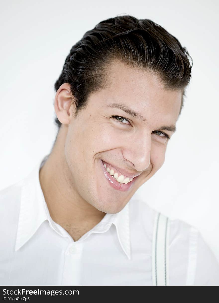 Stylish man wears white shirt and braces. Stylish man wears white shirt and braces