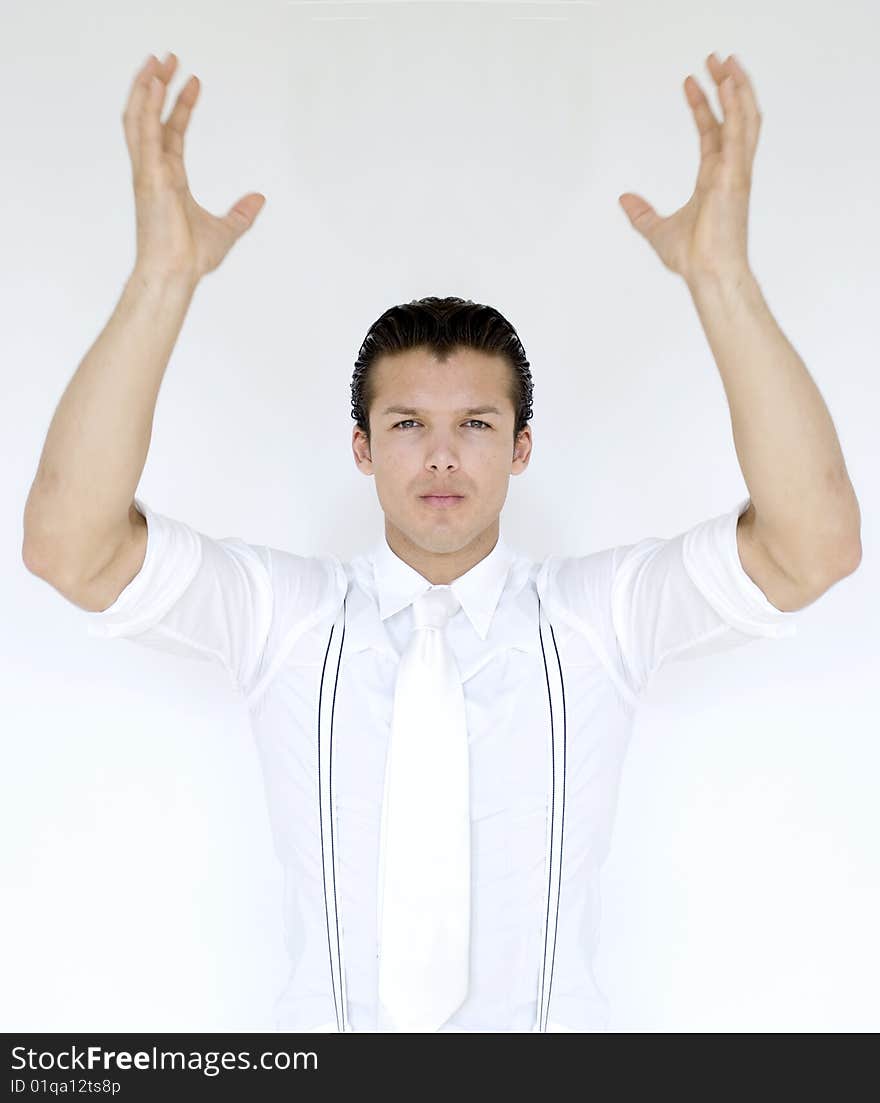 Stylish man wears white shirt and braces. Stylish man wears white shirt and braces