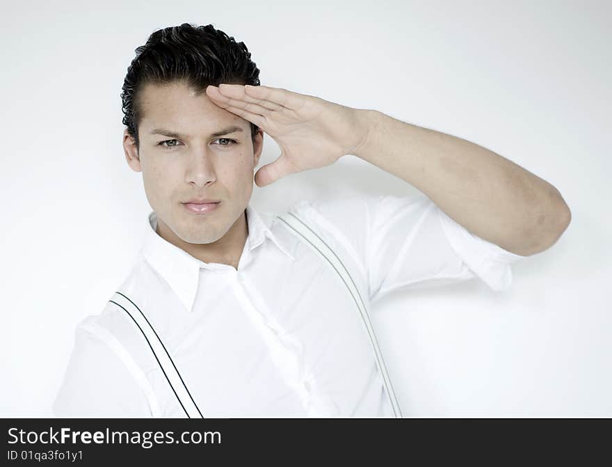 Stylish man wears white shirt and braces. Stylish man wears white shirt and braces