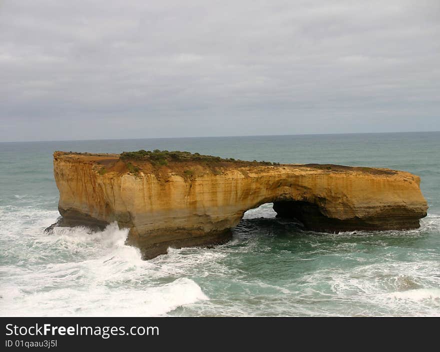 The London Bridge section of the Great Ocean Road. The middle section of the formation attaching to the mainland collapsed in 1990,whilst prior to that, visitors could walk all the way to the end. Five people were on the bridge as it collapsed; thankfully all were rescued without any injuries.