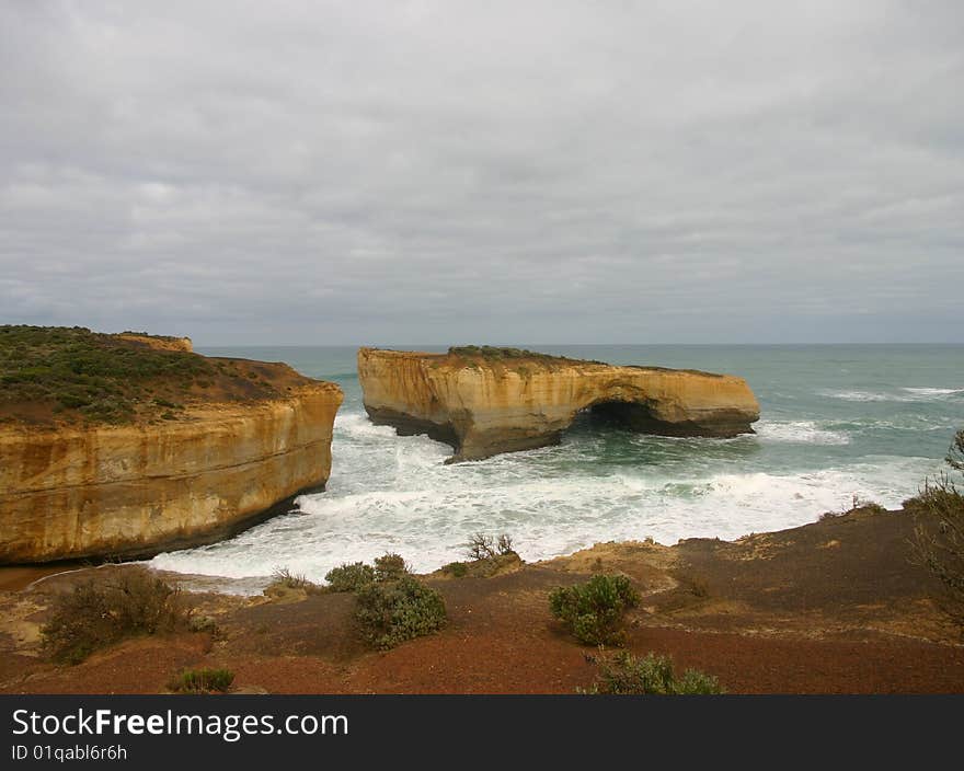 The London Bridge section of the Great Ocean Road. The middle section of the formation attaching to the mainland collapsed in 1990,whilst prior to that, visitors could walk all the way to the end. Five people were on the bridge as it collapsed; thankfully all were rescued without any injuries.