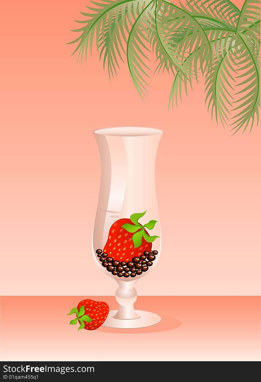 Beautiful bright strawberry in a glass for a cocktail