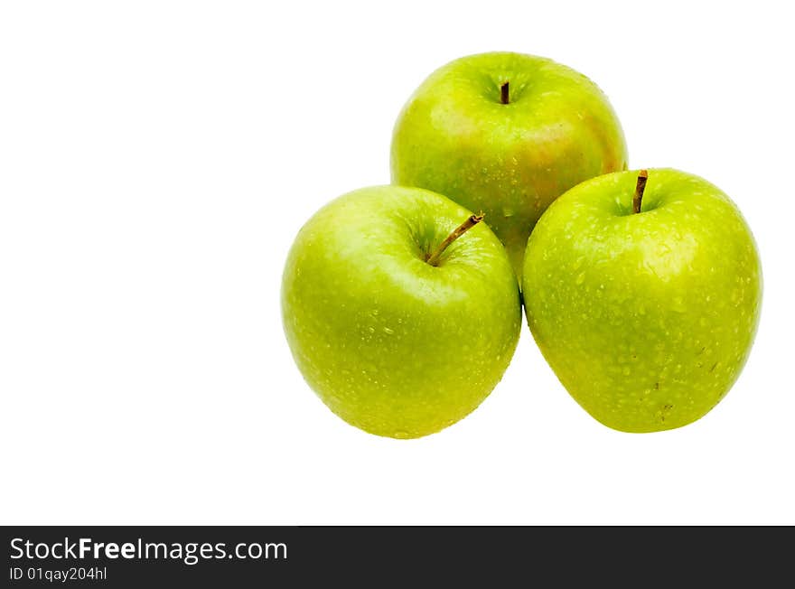 Close-up fresh apples with with water drops isolated on white background. Close-up fresh apples with with water drops isolated on white background