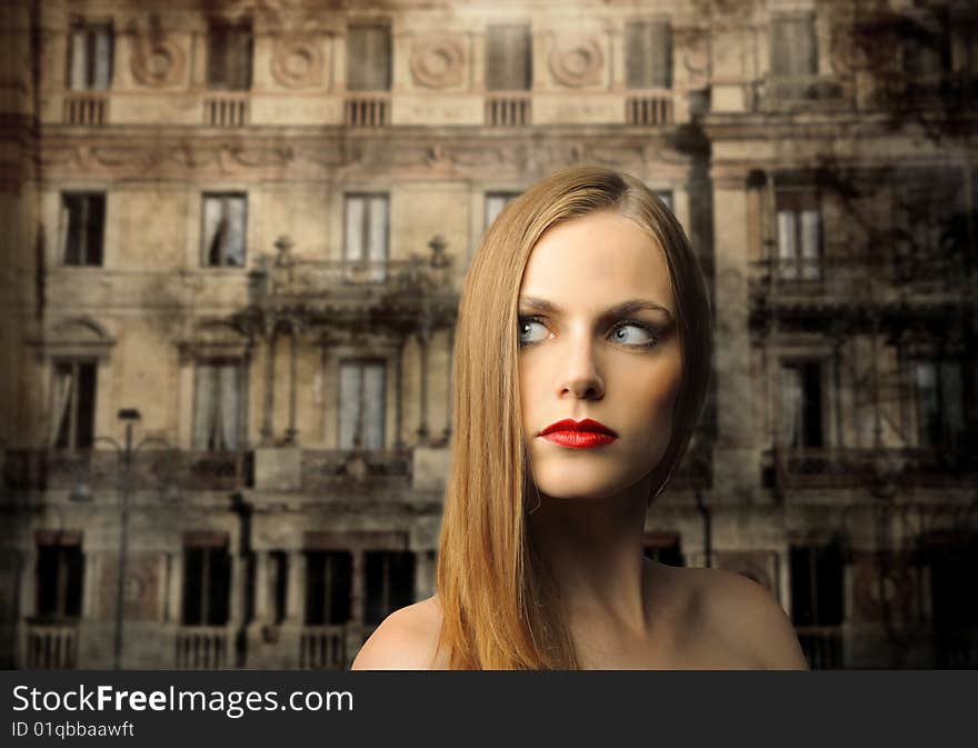 Beautiful woman against ancient building. Beautiful woman against ancient building