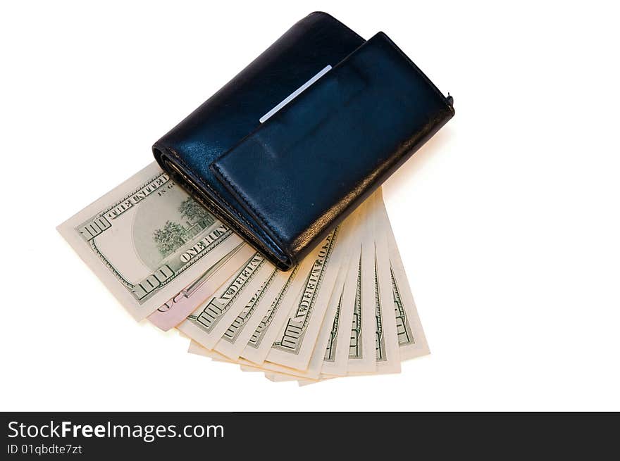 Black leather purse with money on a white background