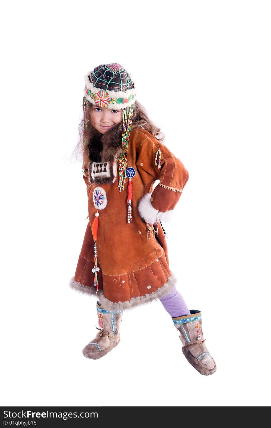 Portrait child chukchi clad in national gown on white background