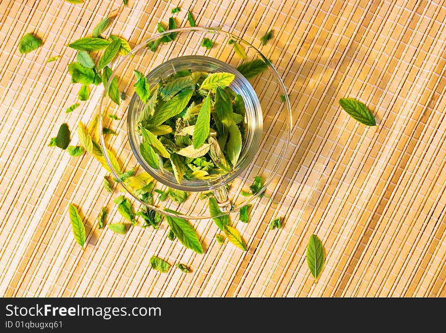 Green tea freshness. Cup full of leaves. Natural Drink.