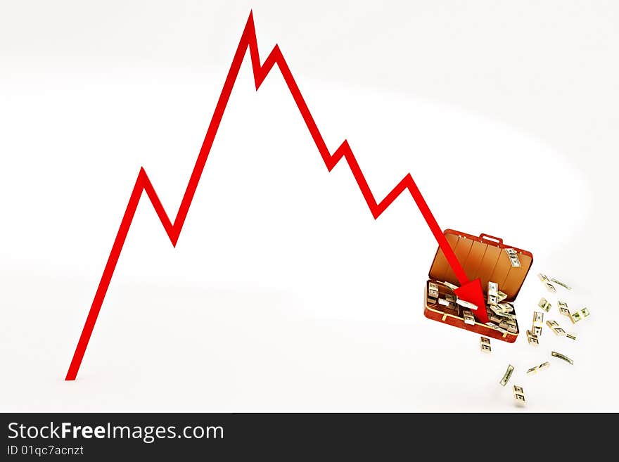 Red graphic of crisis with dollars suitcase