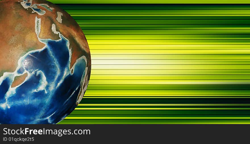 Blue planet on green lines background. Abstract illustration. Blue planet on green lines background. Abstract illustration