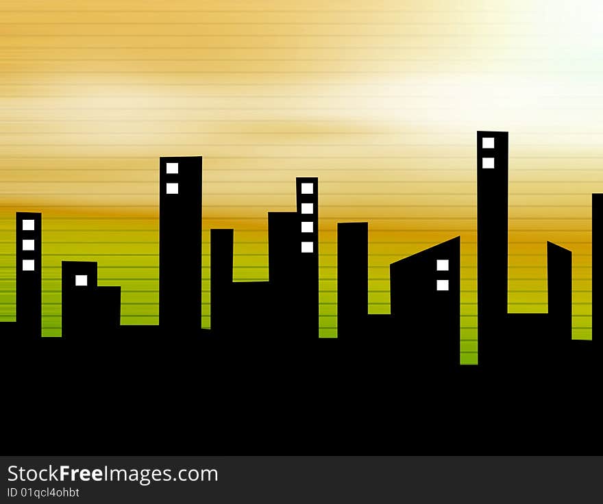 Black Silhouette of a city on yellow background