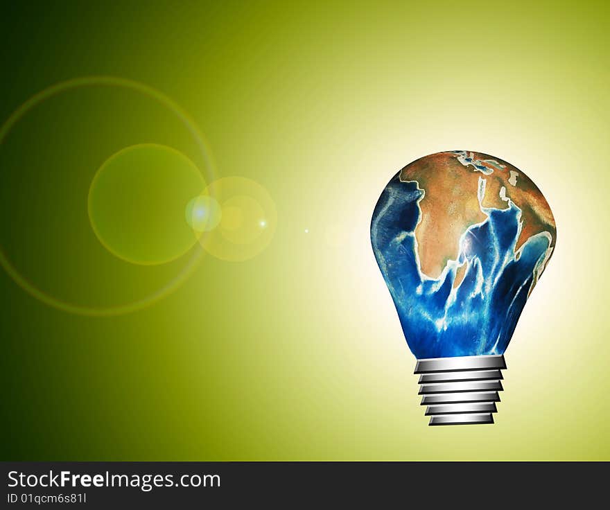 Planet bulb on green luminous background. Conceptual illustration