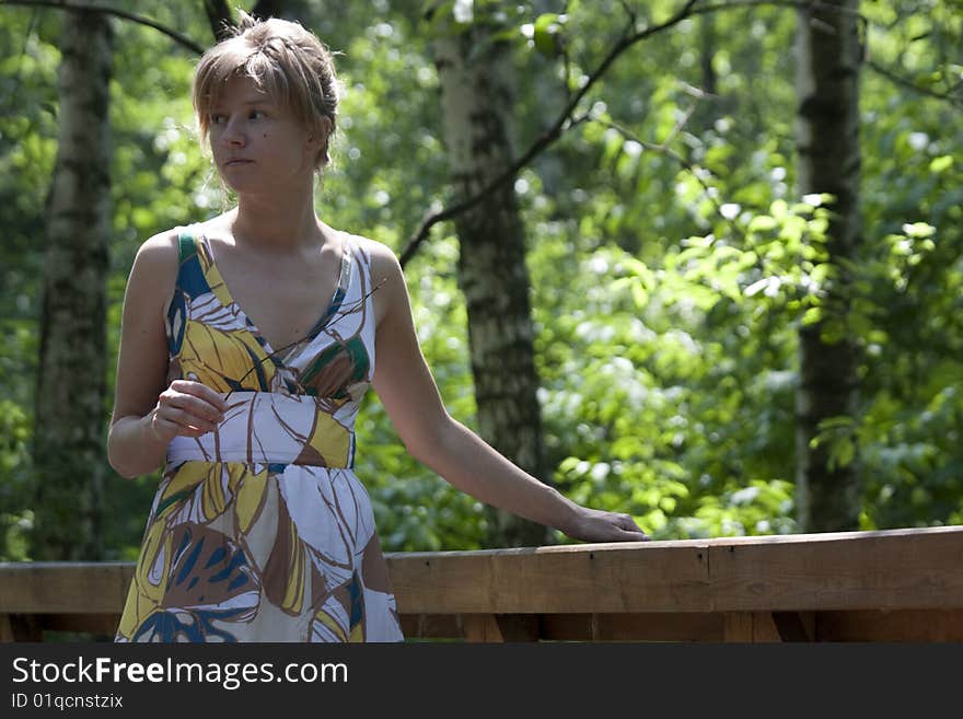 Women walking in the forest on the bridge. Women walking in the forest on the bridge