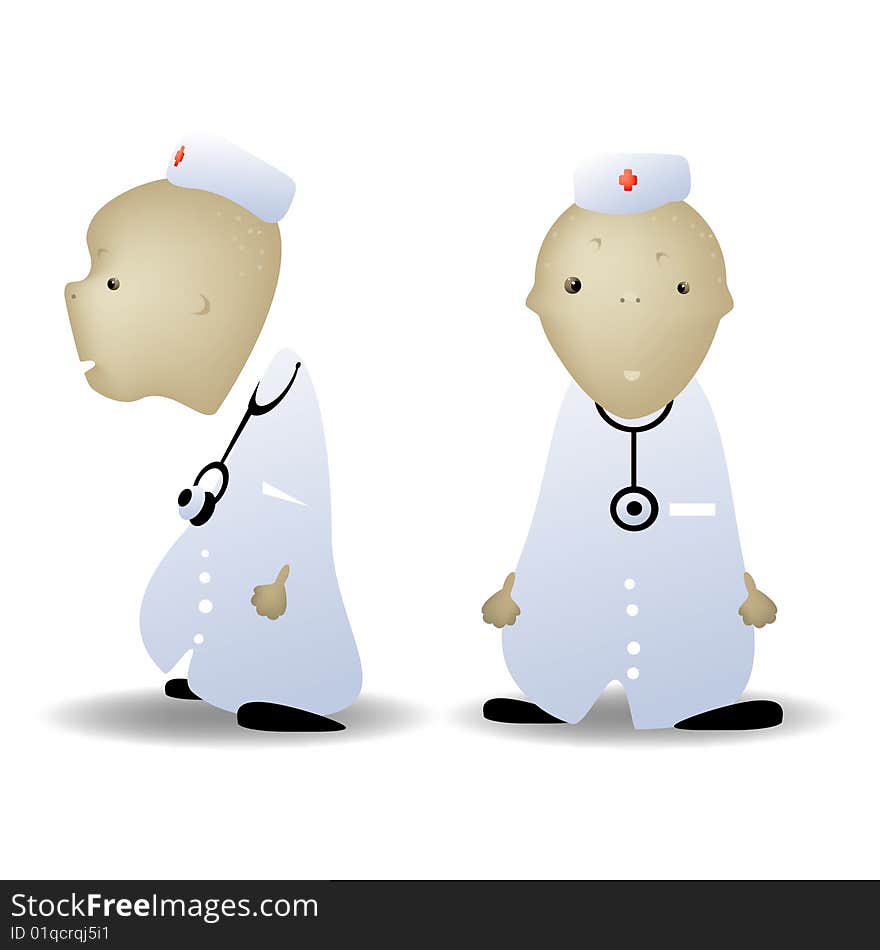 A childish vector illustration of a doctor front and sside view, isolated on white background.