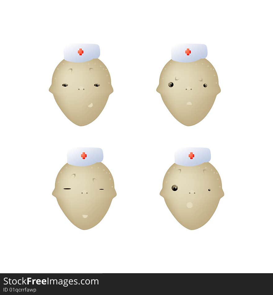 A childish vector illustration of 4 doctor face moods, isolated on white background. A childish vector illustration of 4 doctor face moods, isolated on white background.