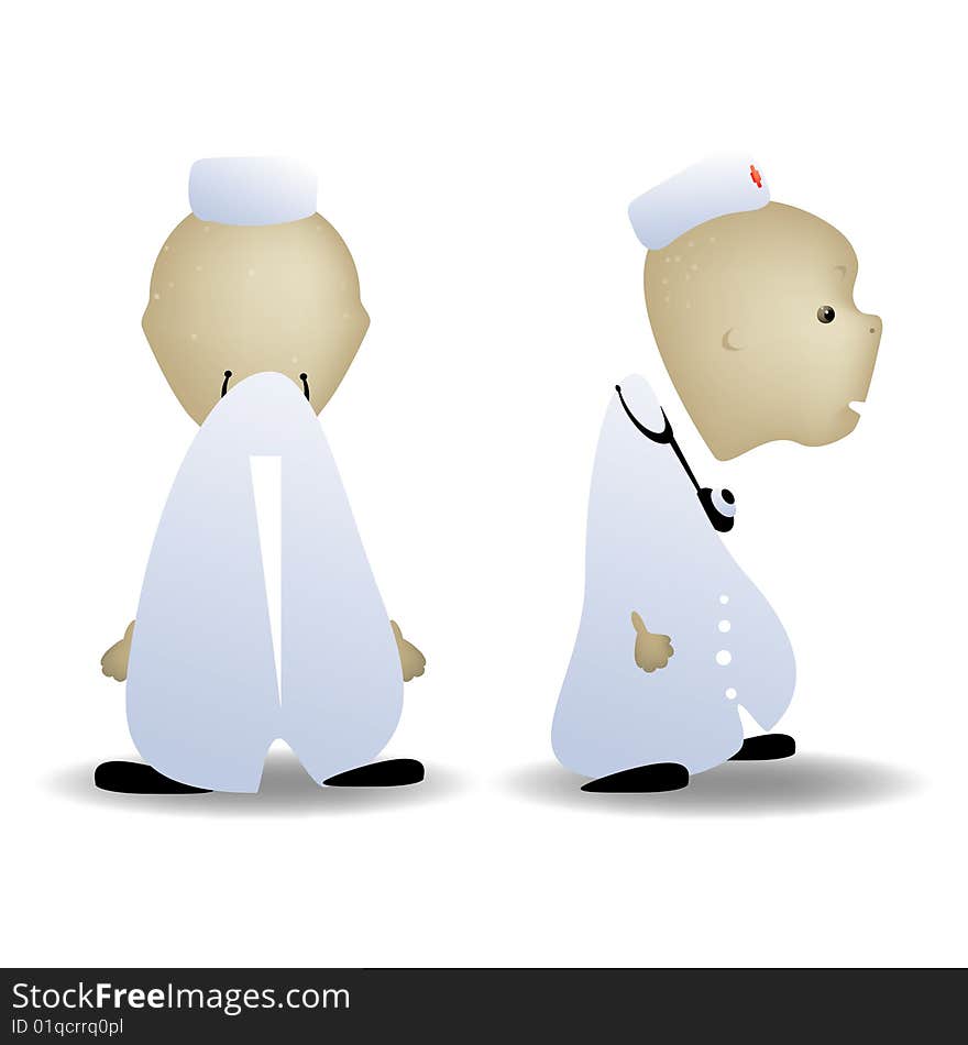 A childish vector illustration of a doctor rear and side view, isolated on white background.