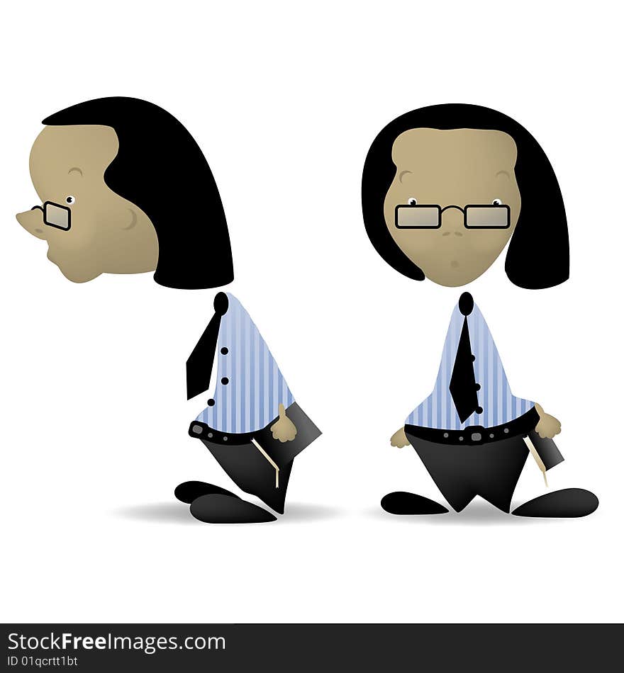 A childish vector illustration of a professor front and side view, isolated on white background.