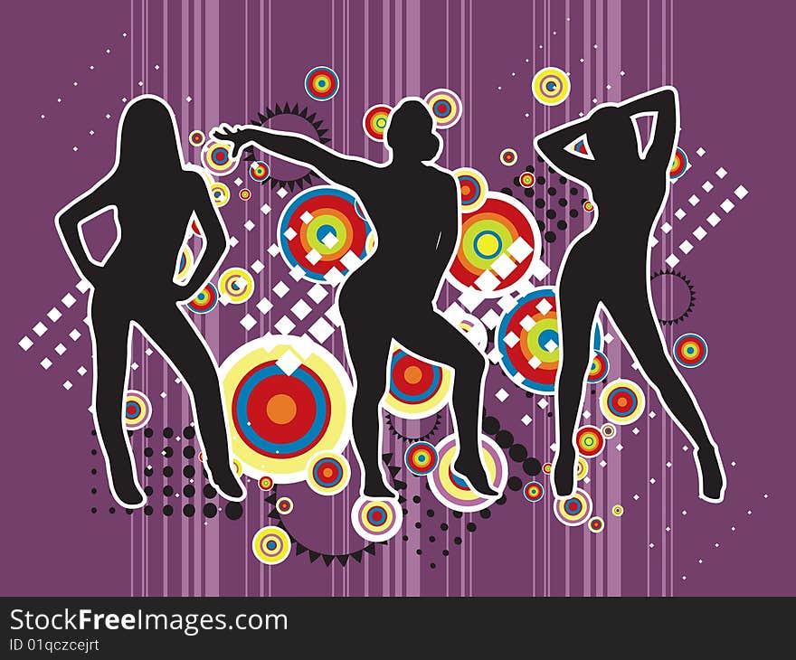 Illustrated silhouette of people dancing. purple background.