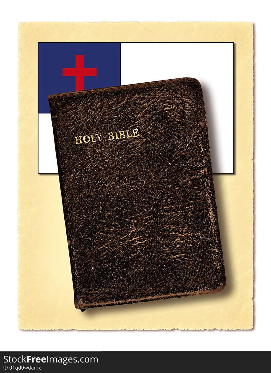 A Christian Flag and The Holy Bible on vintage torn paper. A Christian Flag and The Holy Bible on vintage torn paper.