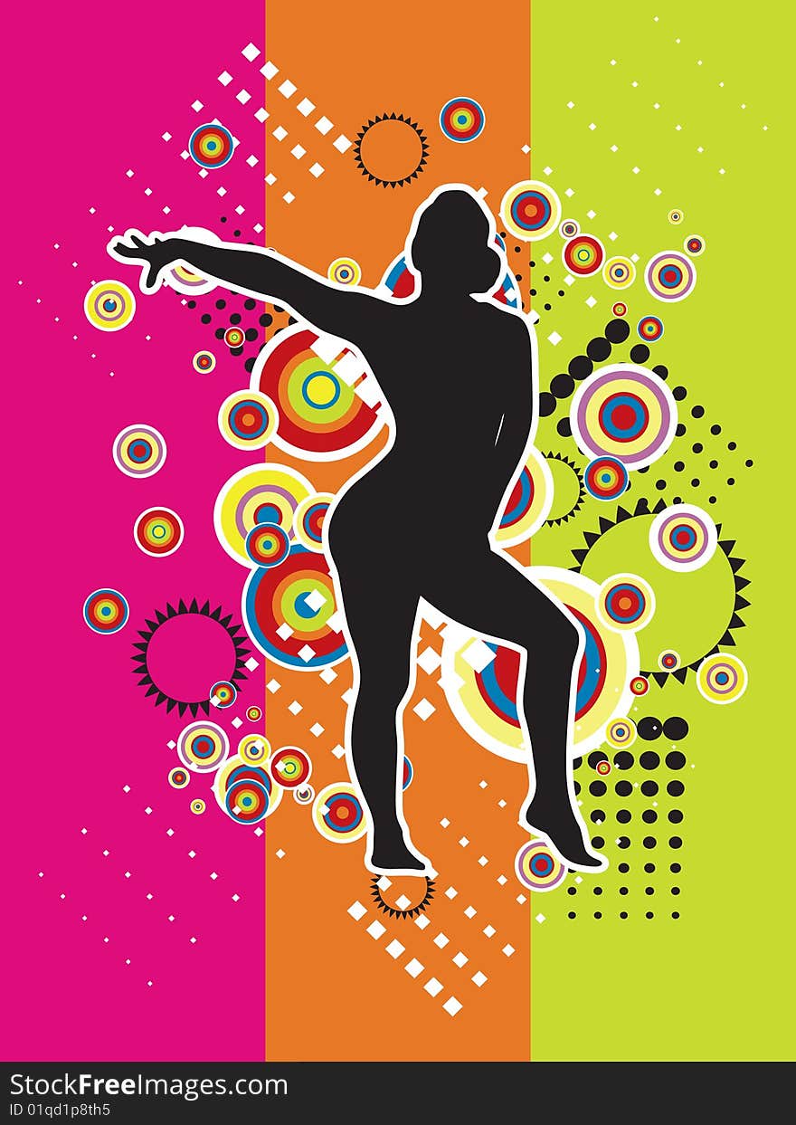 Illustrated silhouette of people dancing. colored background.