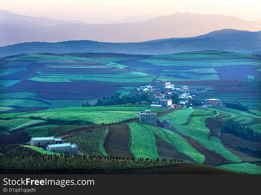 There is a village in the middle of fields. There is a village in the middle of fields