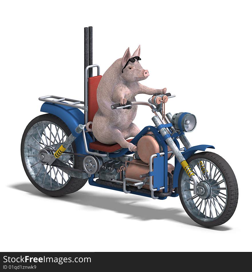 Rendering of a young pig riding a bike with Clipping Path and shadow over white. Rendering of a young pig riding a bike with Clipping Path and shadow over white