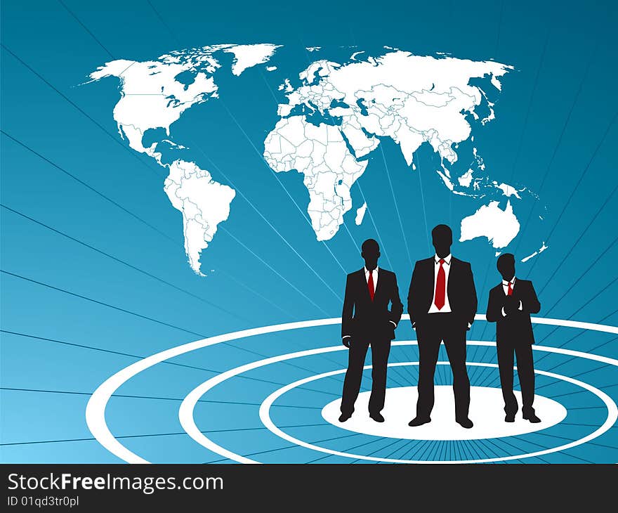 Team businessman silhouette and world map in background blue. Team businessman silhouette and world map in background blue