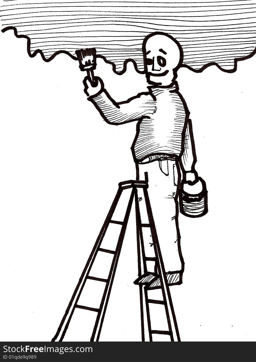 Hand drawn illustration of a handyman painting the wall