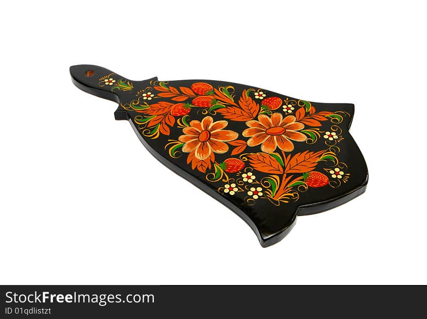 Russian traditional black cutting board painted with flowers isolated. Russian traditional black cutting board painted with flowers isolated