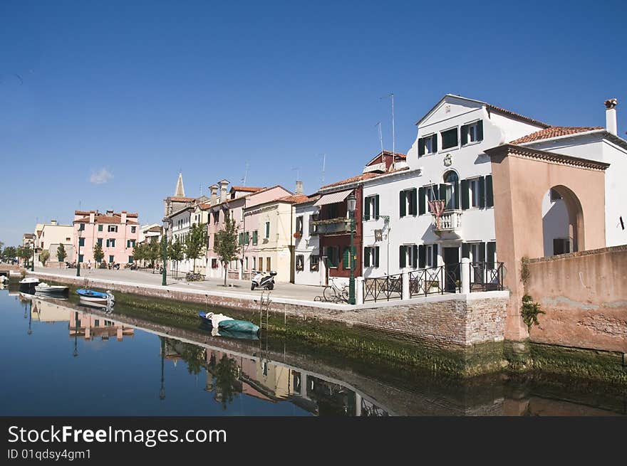 View of Malamocco, a typical small Venetian village in the Lido Island, sitting in front of Venice, in the lagoon. Italy.