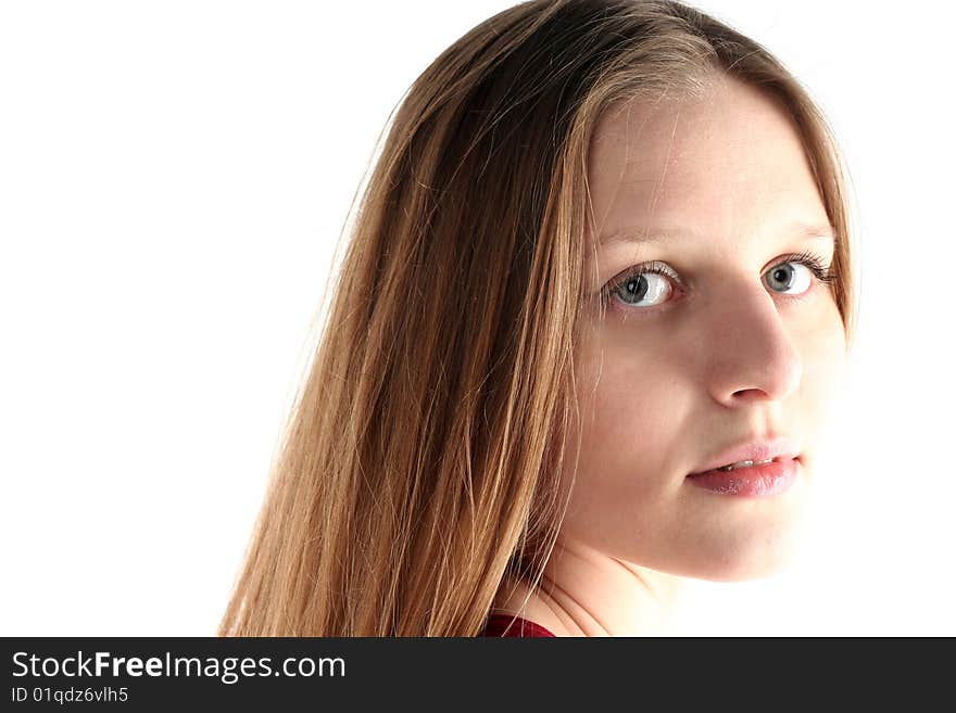 Portrait young woman with long hair isolated on white background