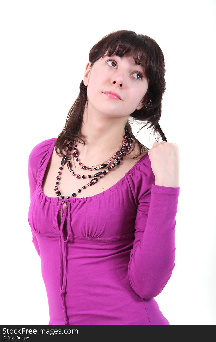 The girl with a beads on a white background