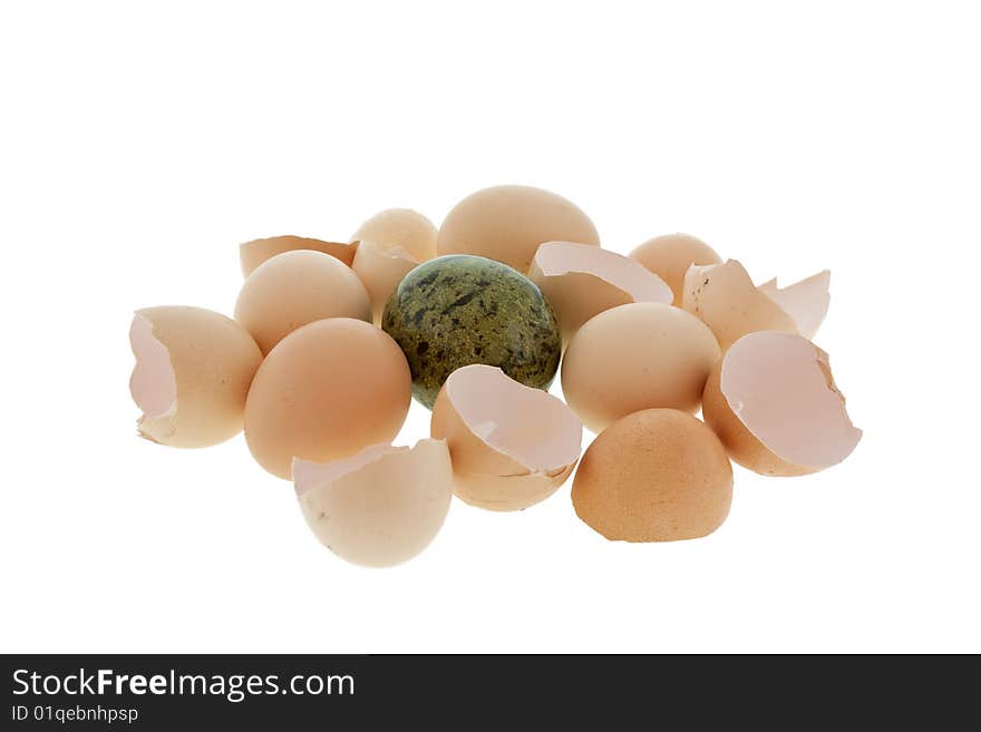 Malachite egg to chicken eggs and the shell on white background