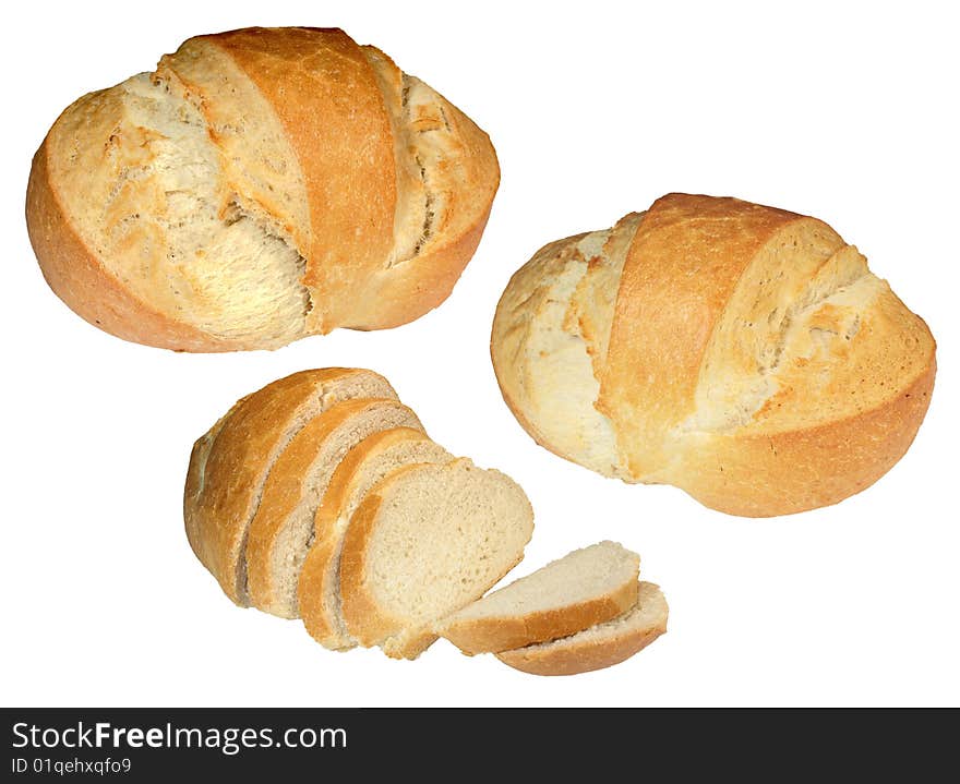 Big bread and its slices isolated on white background