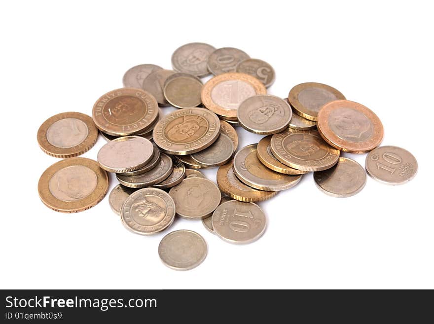 Turkish Lira coins isolated on white background