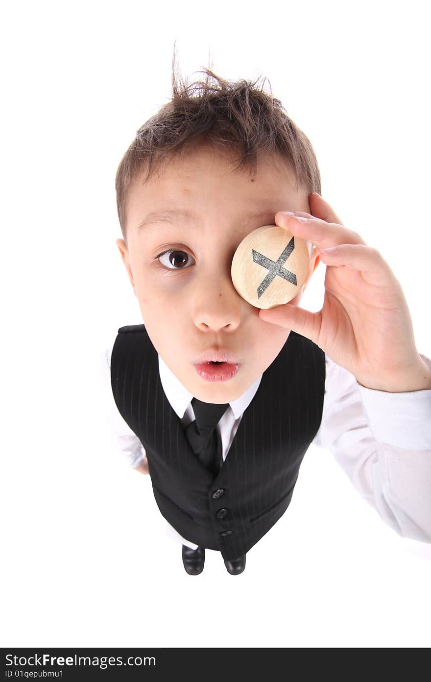 Schoolboy with wooden round isolated on white