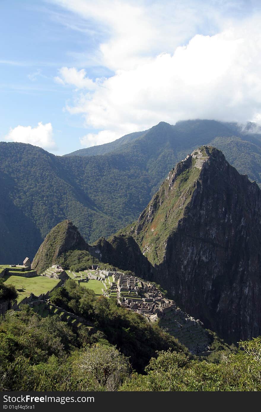 Village of Machu Pichu with a pick of Wayna Pichu above