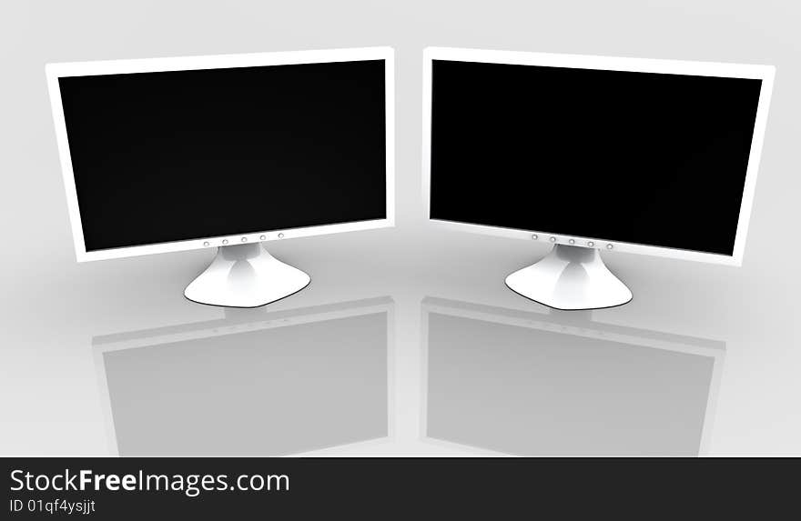 3D render of two PC monitor on white background and reflection