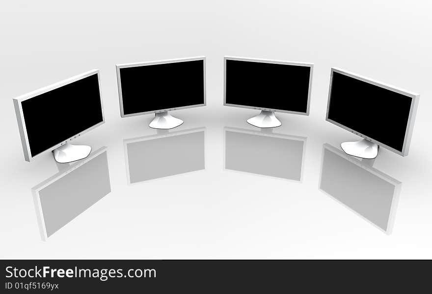 3D render of four PC monitor on white background and reflection