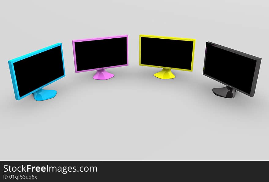 Four CMYK flat panel lcd computer monitor. Four CMYK flat panel lcd computer monitor