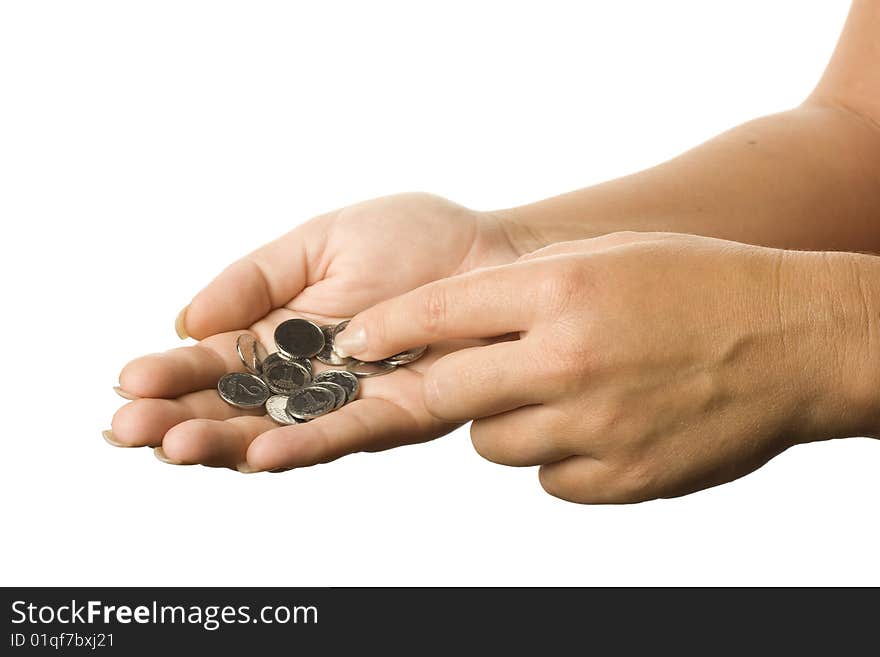 Coins on the palm on a white background. Coins on the palm on a white background.